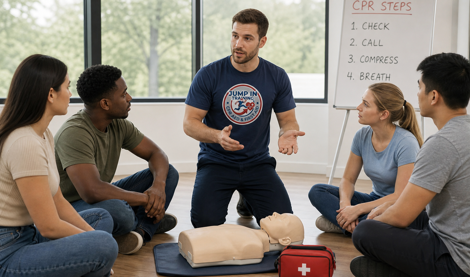 Instructor in Jump in Training Shirt with Students